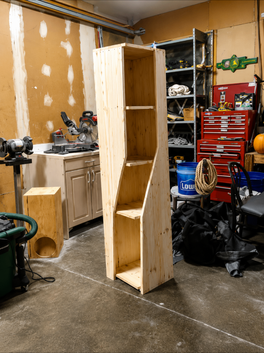 Tall handmade pine stair-step shelving unit